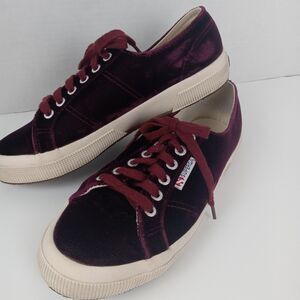 Superga Velvet Sneakers Men's 6.5 Women's 8 Lace Up Low Top Red Burgundy Shoes